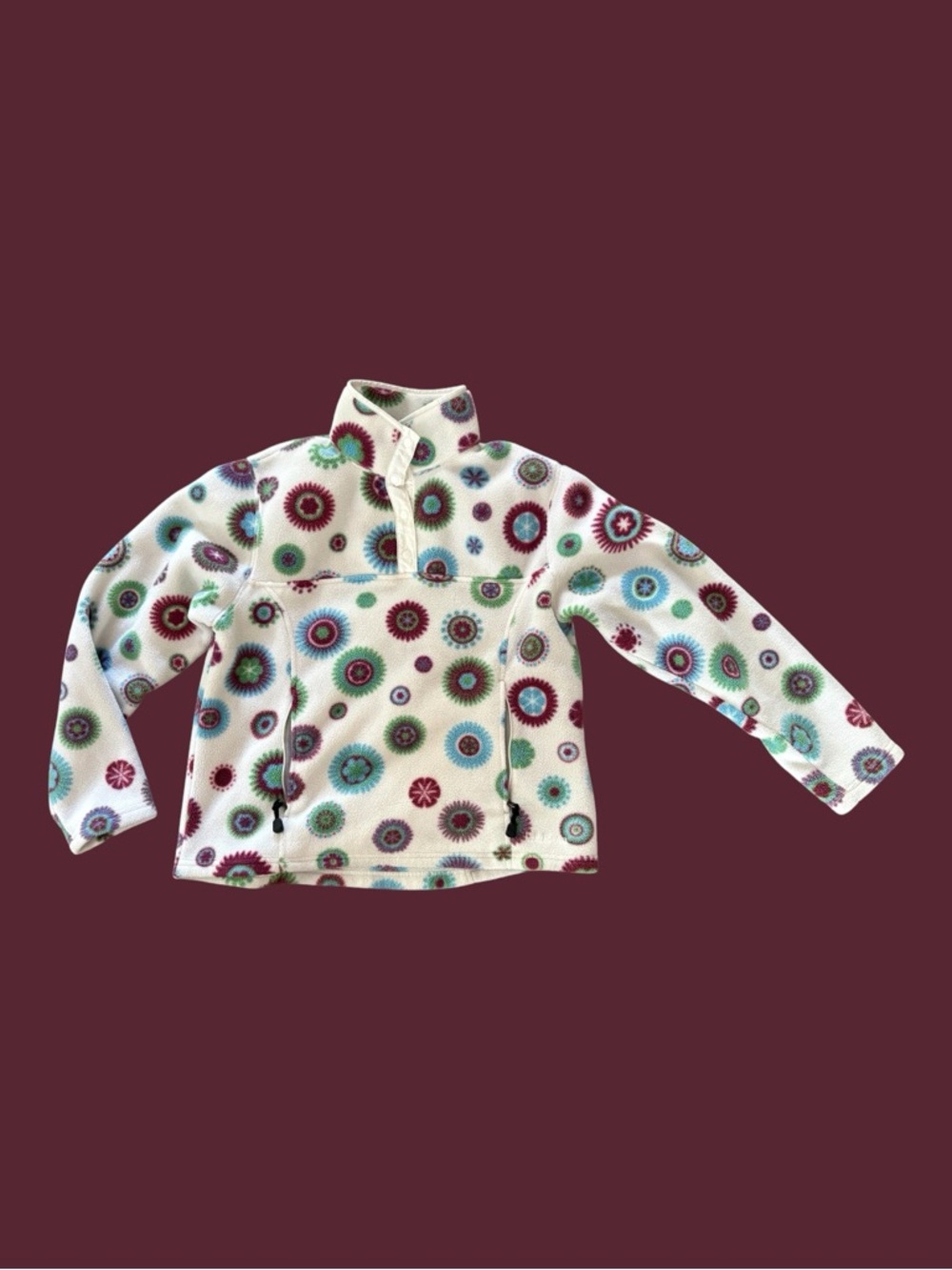 Vintage: White Patterned Pullover Fleece with Teal & Burgundy Circles